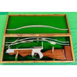 A HANDCRAFTED WOODEN CROSSBOW WITH ALUMINIUM DETAIL IN WOODEN TRANSIT CASE - NO POSTAGE OR PACKING