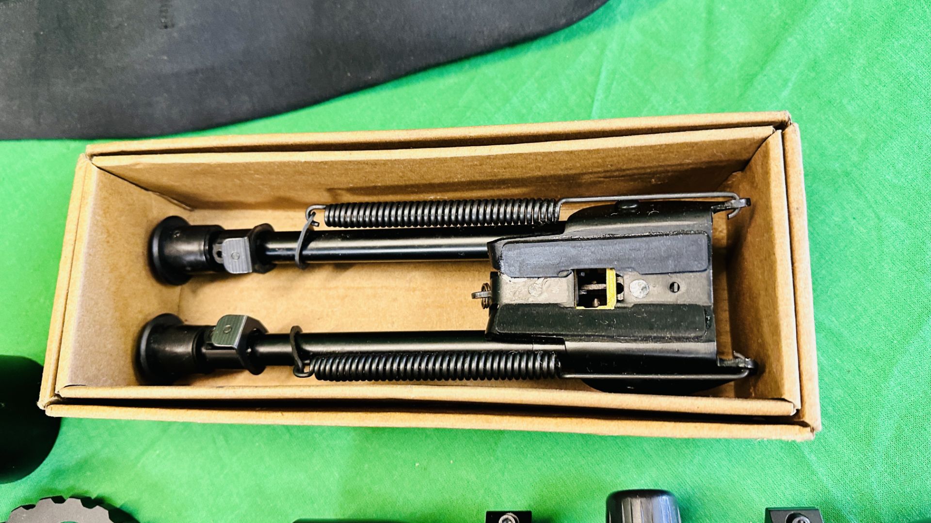 A BOX CONTAINING SCOPE MOUNTS, BIPOD, OPTISAN SCOPE COVER, - Image 7 of 13