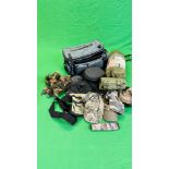 A GROUP OF SHOOTING ACCESSORIES TO INCLUDE 3-D SYNTHETIC CAMOUFLAGE COVER SUIT XL - 2XL,