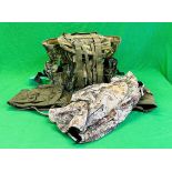 NASH CAMOUFLAGE MULTI POCKET BACK PACK ALONG WITH T F GEAR CAMOUFLAGE JACKET SIZE L AND ROD BAG.