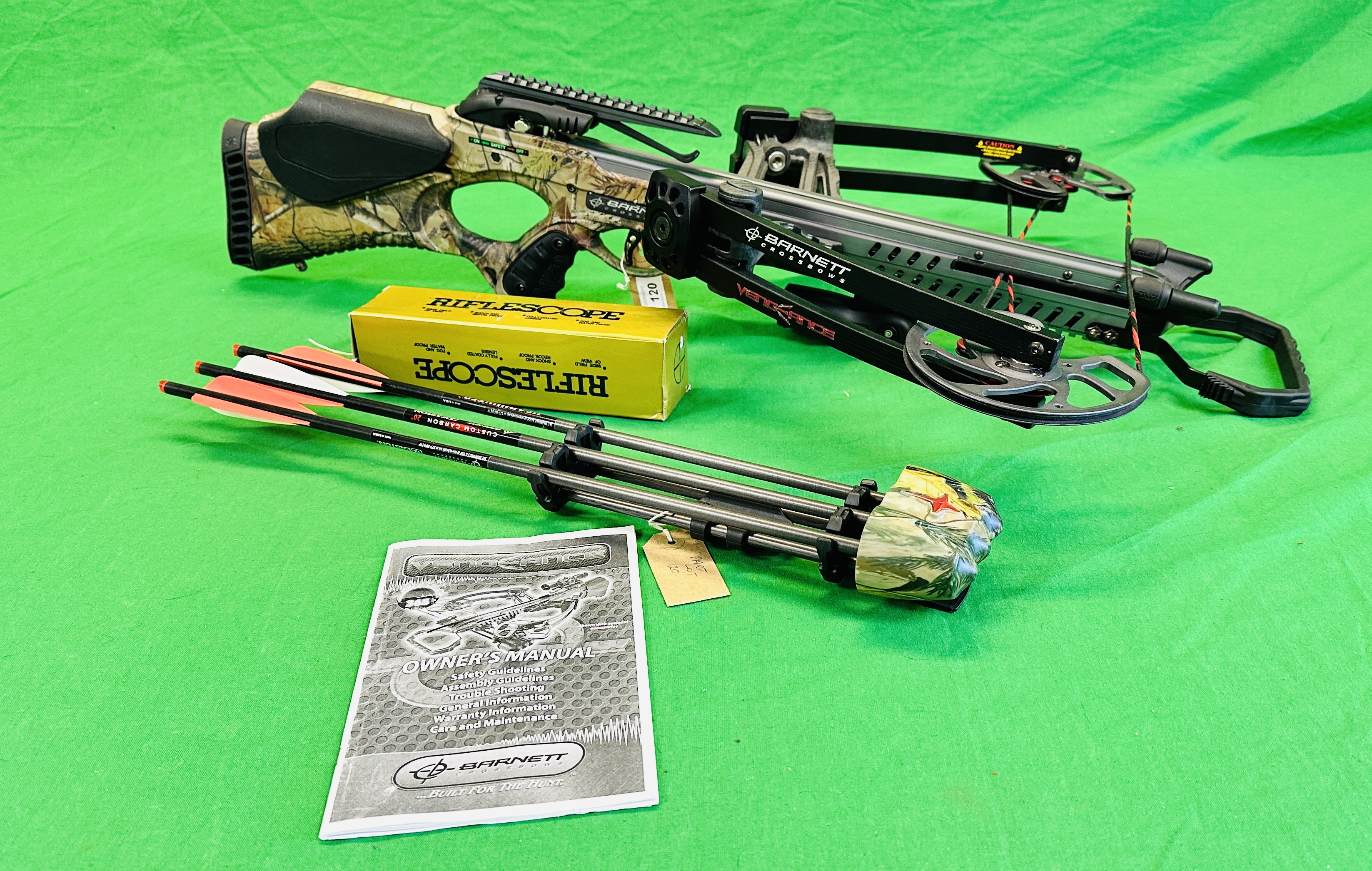 BARNETT "VENGANCE" COMPOUND CROSSBOW COMPLETE WITH THREE CARBON FIBRE CROSSBOW BOLTS, QUIVER,