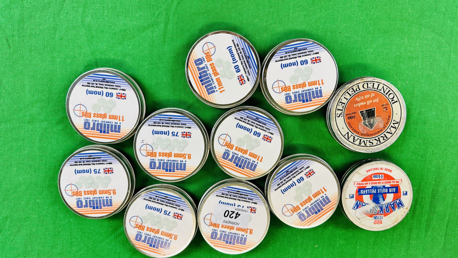 9 X TINS MILBRO 9.5MM GLASS BB's + TWO TINS .