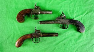 3 ANTIQUE PISTOLS TO INCLUDE ENGLISH MAKE PERCUSSION & ARCHER LONDON FLINT LOCK - (ALL GUNS TO BE