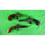 3 ANTIQUE PISTOLS TO INCLUDE ENGLISH MAKE PERCUSSION & ARCHER LONDON FLINT LOCK - (ALL GUNS TO BE