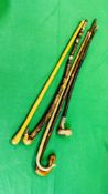 5 WALKING CANES TO INCLUDE VINTAGE SHEPHERDS CROOK EXAMPLE, ONE WITH BIRD HEAD,