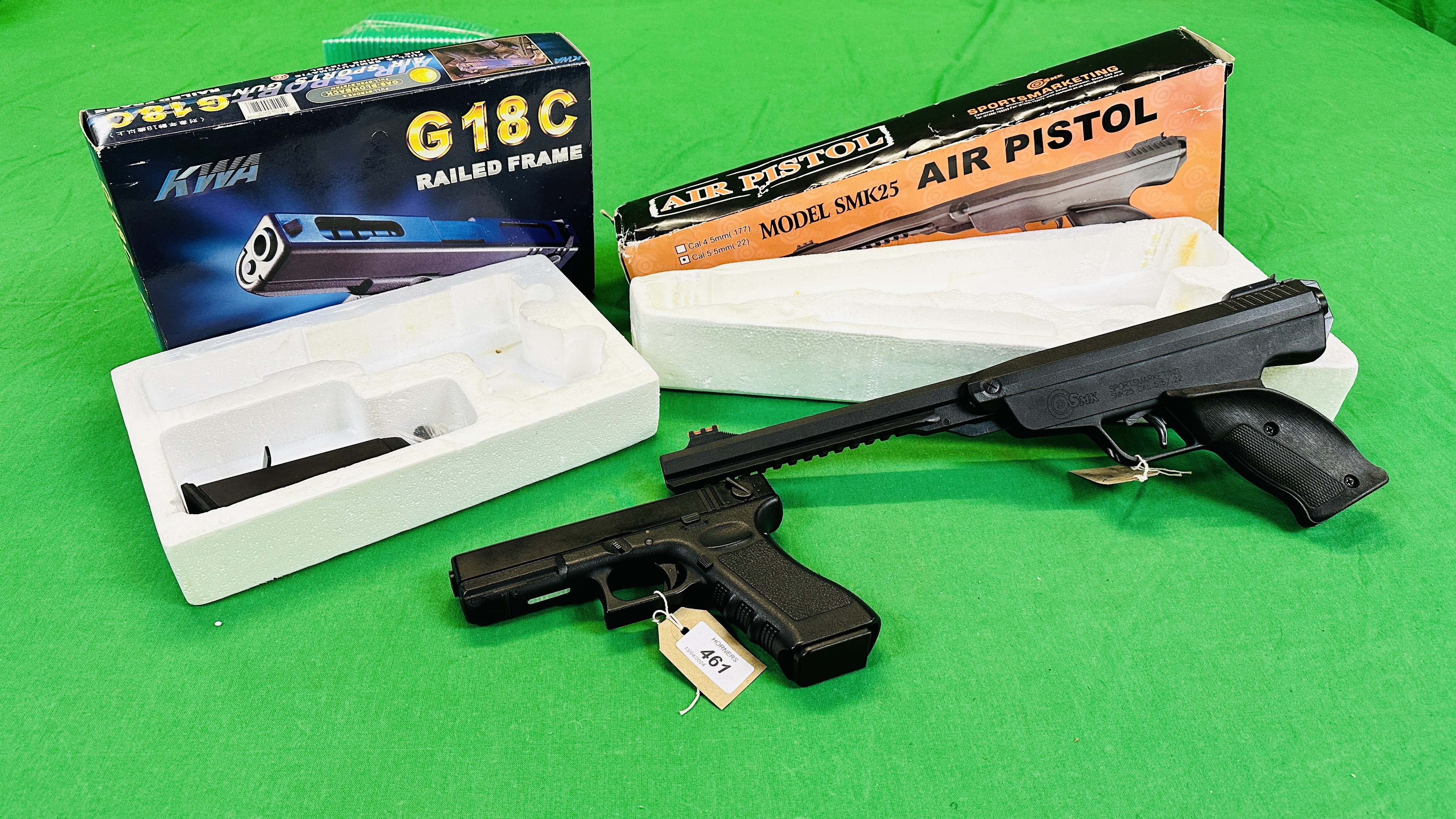 KWA G18C RAILED FRAME AIR MACHINE PISTOL IN ORIGINAL BOX WITH SPARE MAG ALONG WITH SMK25 .