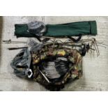 FOUR TELESCOPIC HIDE POLES, CARRY BAG WITH 19 SKEET PIGEON DECOYS , 2 FULL BODY DECOYS,