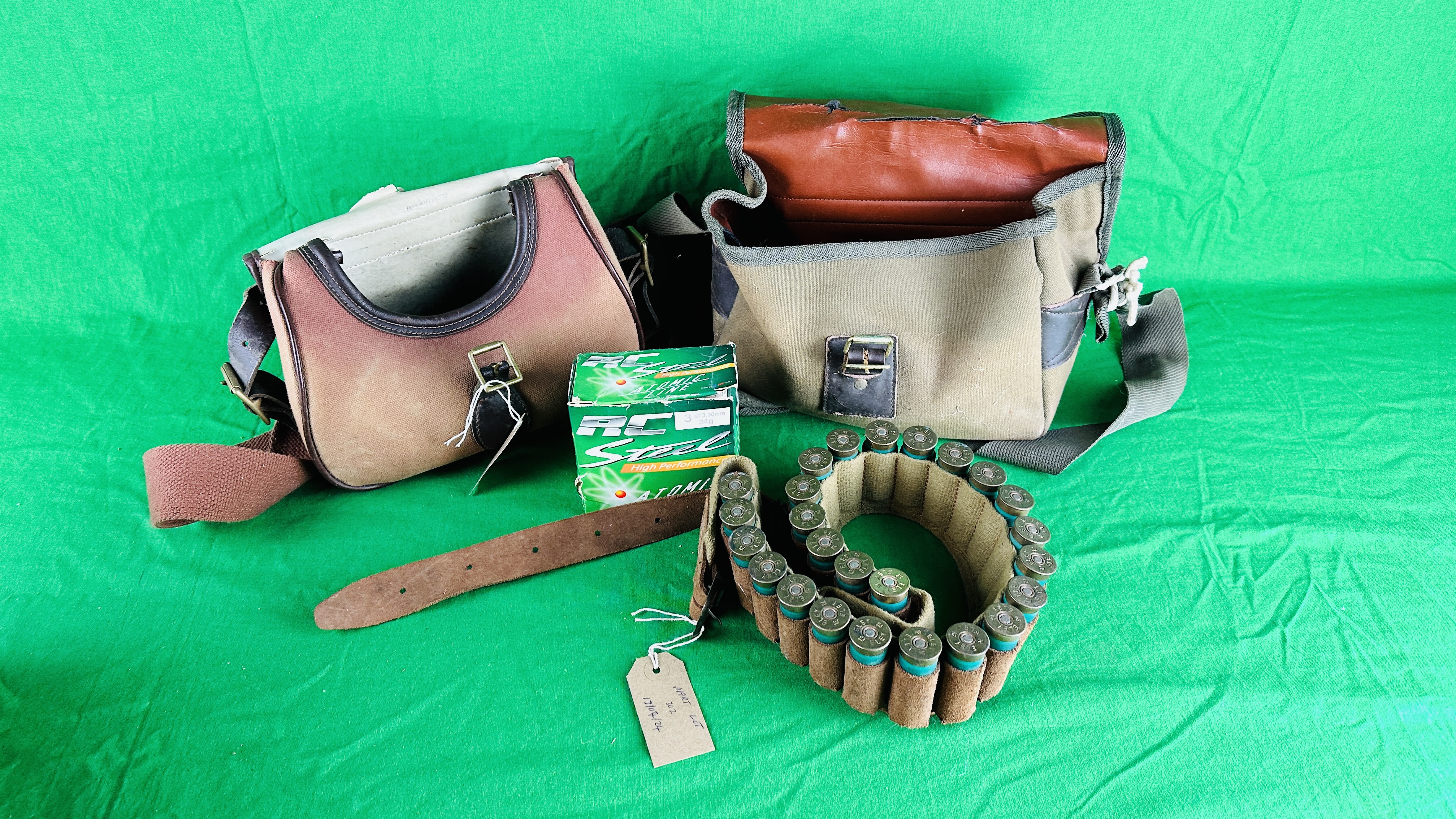 TWO CANVAS CARTRIDGE BAGS AND CANVAS & LEATHER CARTRIDGE BELT,