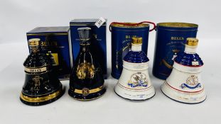 4 X COMMEMORATIVE "BELLS" WADE WHISKY DECANTERS TO INCLUDE THE PRINCE OF WALES 50TH BIRTHDAY,