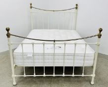 A GOOD QUALITY REPRODUCTION VICTORIAN STYLE CREAM FINISH DOUBLE METAL BED FRAME WITH BRASS FINIALS