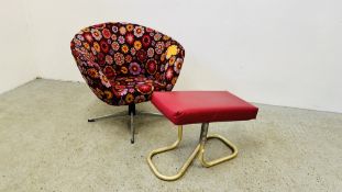 TWO PIECES OF RETRO FURNITURE TO INCLUDE A SWIVEL BACK CHAIR AND SPRUNG STOOL.