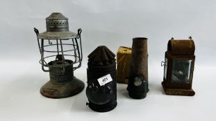 AN ANTIQUE PARAFFIN BULLSEYE LANTERN ALONG WITH TWO FURTHER VINTAGE PARAFFIN LAMPS AND LAMP