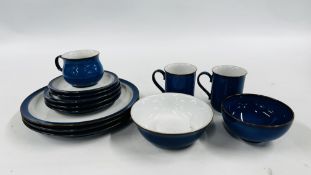 13 PIECES OF DENBY IMPERIAL BLUE TABLEWARE TO INCLUDE 3 DINNER PLATES, 3 SIDE PLATES, 2 SAUCERS,