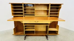 MID CENTURY TEAK FINISH COMPACT HOME OFFICE DESK WITH HINGED DOORS.