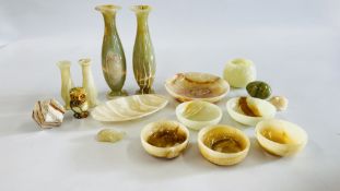 A SELECTION OF ONYX TO INCLUDE A PAIR OF VASES, EGG & STAND ORNAMENTS, DISHES ETC.