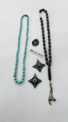 GROUP OF VINTAGE STONE SET PENDANTS AND BEADS AND BROOCHES ETC.