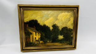 A VINTAGE FRAMED OIL ON CANVAS DEPICTING A COUNTRY COTTAGE SCENE BEARING SIGNATURE W.