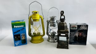 FOUR MODERN PARAFFIN LAMPS TO INCLUDE MILITE 2 IN 1 FIREFLY LANTERN, TROPIC CHALWYN,