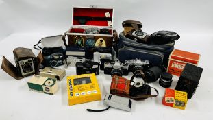 BOX OF ASSORTED VINTAGE CAMERAS AND LENSES TO INCLUDE OLYMPUS OM10 OLYMPUS 50MM LENS,