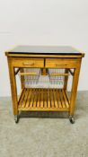 BAMBOO TWO DRAWER KITCHEN TROLLEY / WORK STATION WITH GRANITE TOP AND TWO BASKETS,