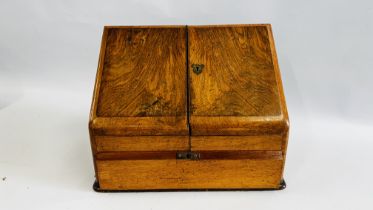 ANTIQUE OAK LETTER BOX / DESK TIDY WITH TWO DOOR AND DRAWER, W 38CM X D 22CM X H 29CM.