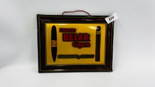 A VINTAGE STYLE TIN PLATE ADVERTISING SIGN TITLED FLOR DE BELAR CIGARS PERFECTION OF QUALITY,
