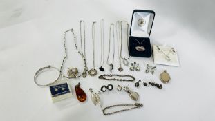 GROUP OF SILVER WHITE METAL EARRINGS AND PENDANTS INCLUDING AMBER, OPAL BANGLES ETC.