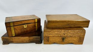 4 VARIOUS OAK VINTAGE BOXES INCLUDING BRASS BOUND WRITING SLOPE, CANTEEN BOXES.