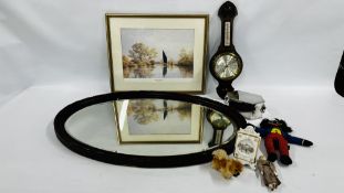 A VINTAGE OVAL WALL MIRROR, A FRAMED "WHERRY ON THE YARE" PRINT BY PETER BEARMAN,