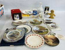A BOX OF ASSORTED SUNDRY CHINA TO INCLUDE COMMEMORATIVE MUGS, WADE GINGERBREAD MAN MONEY BOX,