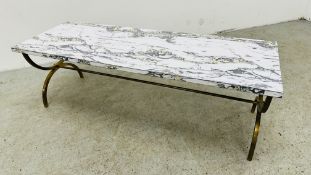 BRASS FRAMED RECTANGULAR COFFEE TABLE WITH MARBLE EFFECT TOP W 114CM X D 40CM X H 38CM.
