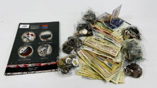 A TUB CONTAINING MIXED COINAGE AND BANK NOTES ALONG WITH A SET OF 4 CASED WAR POPPY COLLECTION.