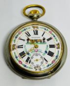 A POCKET WATCH MARKED "WALTHAM" INCABLOC, ENAMELLED DIAL DEPICTING CATTLE AND FOLIAGE - DIAM 5.3CM.
