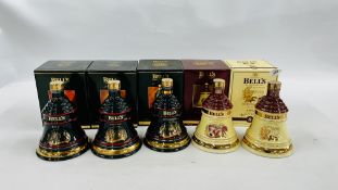 5 X LIMITED EDITION WADE WHISKY "BELLS" CHRISTMAS DECANTERS TO INCLUDE 1992, 1993, 1994,