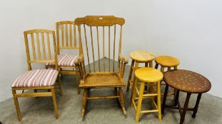 GROUP OF OCCASIONAL FURNITURE TO INCLUDE THREE BEECHWOOD STOOLS, BEECHWOOD ROCKING CHAIR,