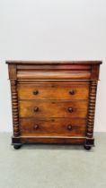 ANTIQUE MAHOGANY SCOTCH FOUR DRAWER CHEST WITH DETAILED PILLAR SUPPORTS - W 110CM X D 50CM X H