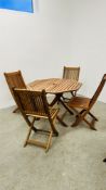 TEAKWOOD FOLDING GARDEN TABLE AND FOUR FOLDING CHAIRS - TABLE WIDTH 102CM.