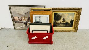 A GROUP OF FRAMED PICTURES AND PRINTS TO INCLUDE GILT FRAMED OIL ON CANVAS LANDSCAPE WITH BRIDGE