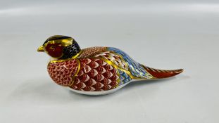 A ROYAL CROWN DERBY "WOODLAND PHEASANT" PAPERWEIGHT, GOLD STOPPER.