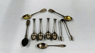 EIGHT VARIOUS SILVER TEASPOONS INCLUDING FOUR ONSLOW PATTERN AND MATCHING SUGAR NIPS,