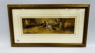 CHARLES CATTERMOLE WATERCOLOUR MEDIEVAL FIGURES IN A WOODLAND SCENE W 43CM X H 13.5CM.
