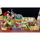 8 BOXES CONTAINING ARTIFICIAL FLOWERS, TABLE DISPLAYS, ARTIFICIAL HANGING BASKETS,