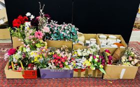 8 BOXES CONTAINING ARTIFICIAL FLOWERS, TABLE DISPLAYS, ARTIFICIAL HANGING BASKETS,