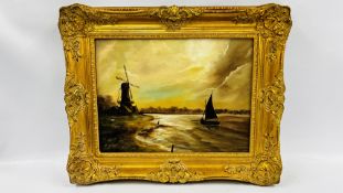 A GILT FRAMED OIL ON CANVAS DEPICTING A RIVER WINDMILL SCENE BEARING SIGNATURE JAY WARD W 39CM X H