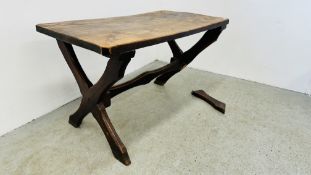 ANTIQUE CROSS STRETCHER DINING TABLE WITH ELM WOOD TOP, 122 X 69CM.