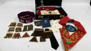 A LEATHER BRIEFCASE AND CONTENTS TO INCLUDE MASONIC REGALIA AND MEDAL + A TUB OF ASSORTED CLOTH