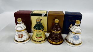 4 X LIMITED EDITION WADE WHISKY "BELLS" DECANTERS TO INCLUDE CHRISTMAS 1998, 1999,
