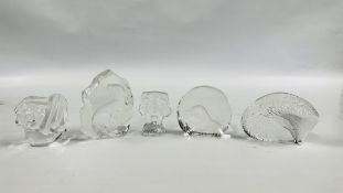 FIVE ART GLASS PAPERWEIGHTS TO INCLUDE KOSTA BODA.