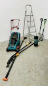 A GROUP OF GARDENING ACCESSORIES TO INCLUDE BOSCH ROTAK 40GC ELECTRIC LAWNMOWER,