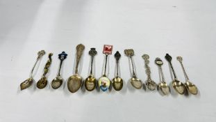 GROUP OF ELEVEN VARIOUS SILVER SOUVENIR SPOONS INCLUDING ONE WITH ENAMELLED DECORATION BRITISH